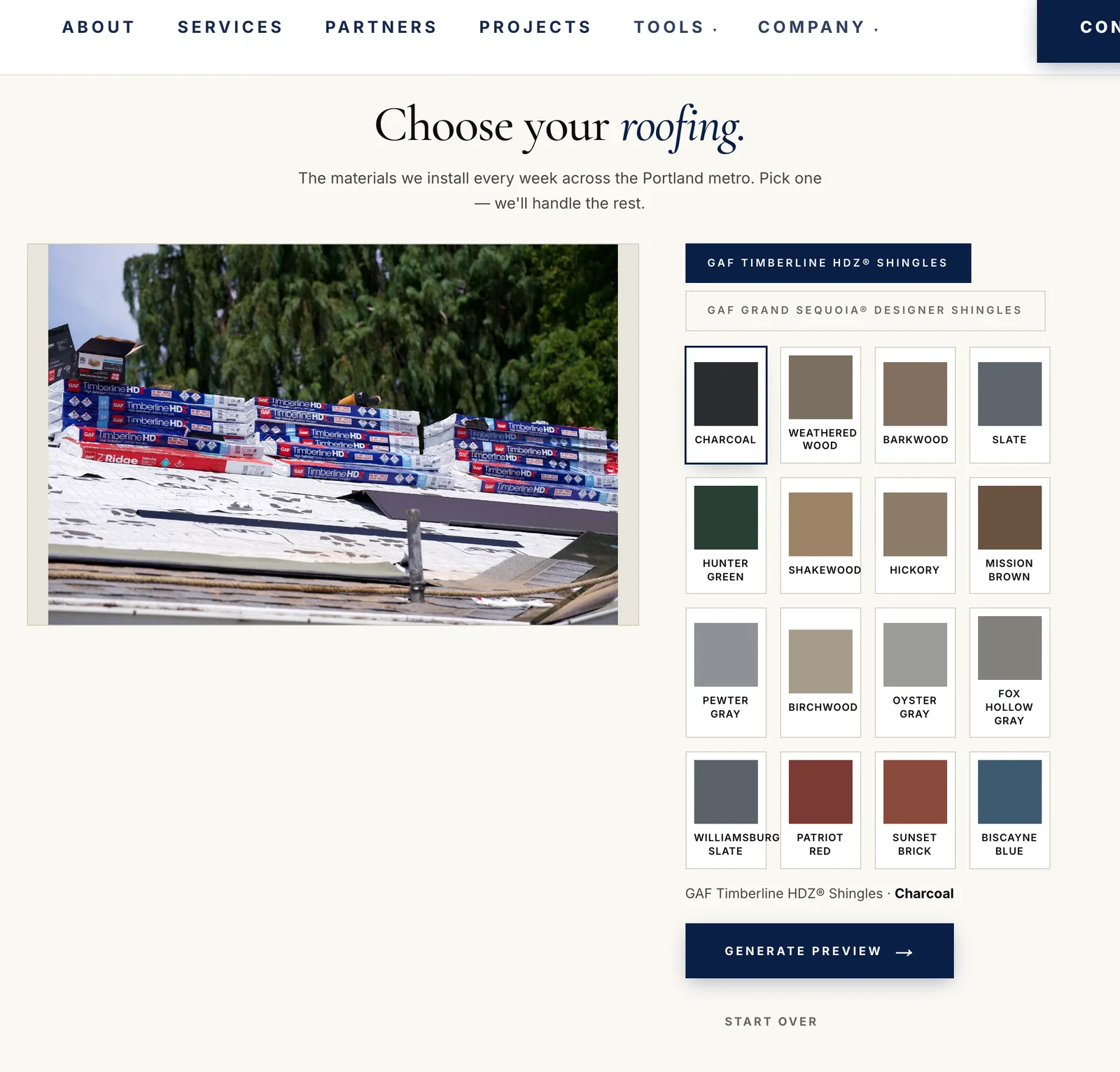 The RoofVision finish-selection screen with a Cornerstone project photo loaded and the 16 GAF Timberline HDZ shingle colors listed for selection