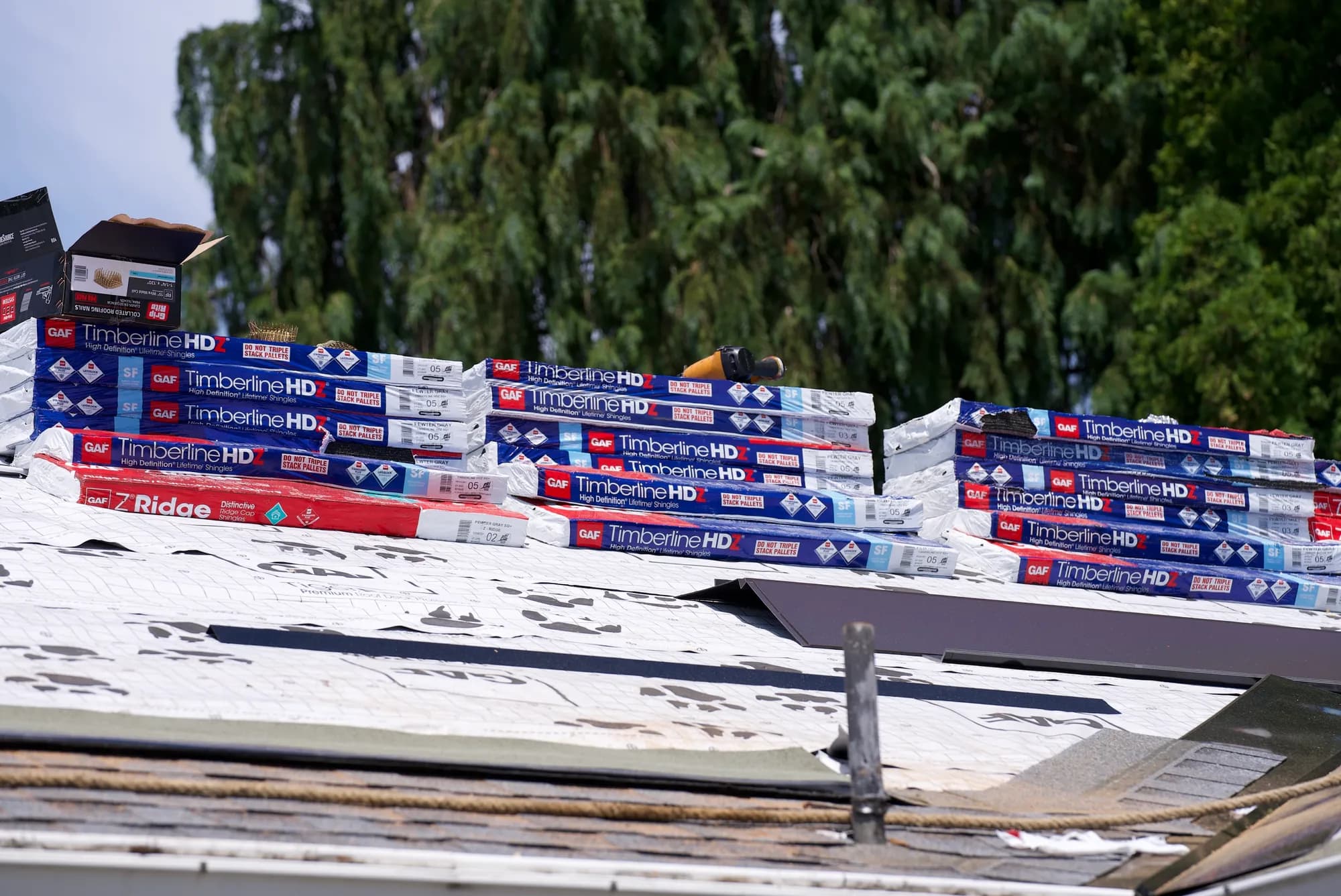 GAF Timberline HDZ shingle bundles staged for installation on a Hillsboro, OR roof