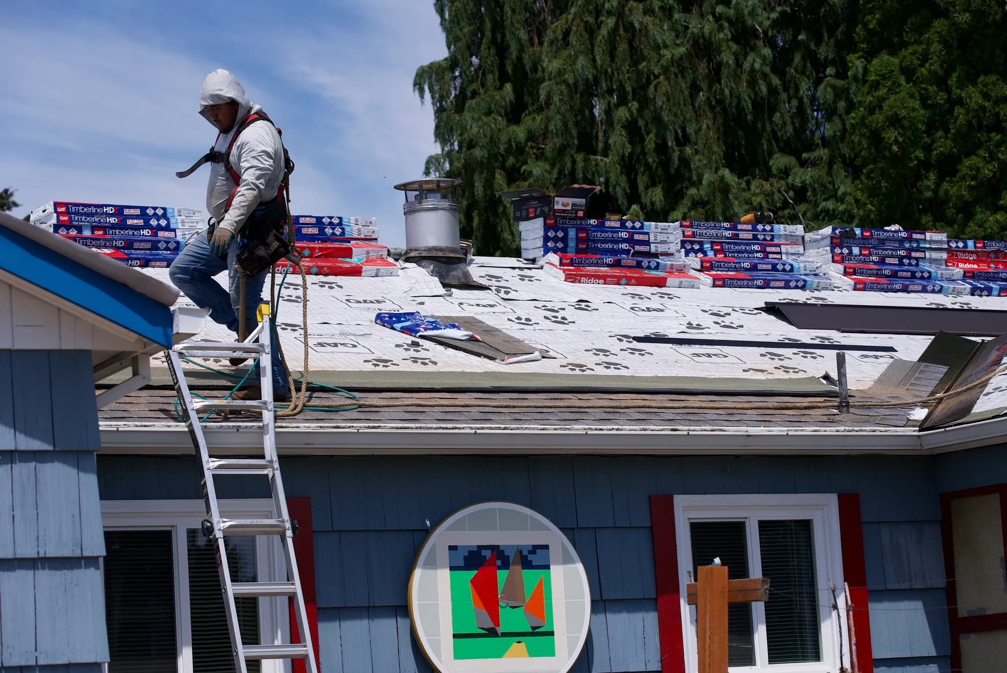 A harnessed roofer standing on a ladder at the eave of a blue-sided house with red window trim in Hillsboro, OR