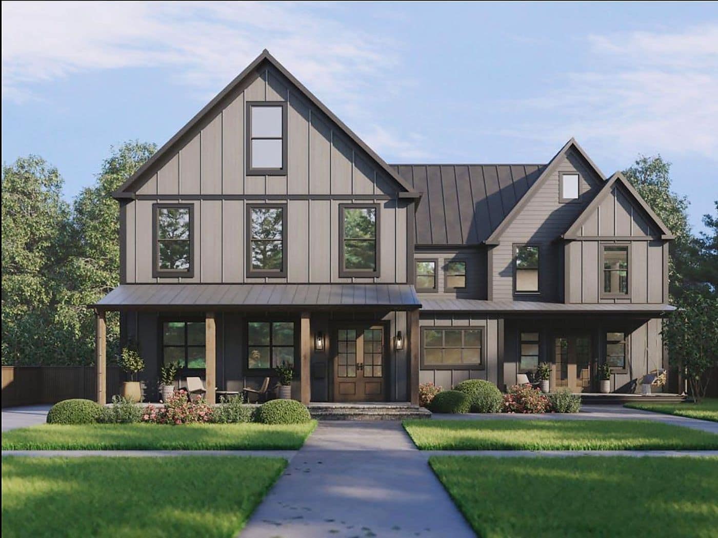Modern farmhouse with board-and-batten siding, black window frames, and dark roof