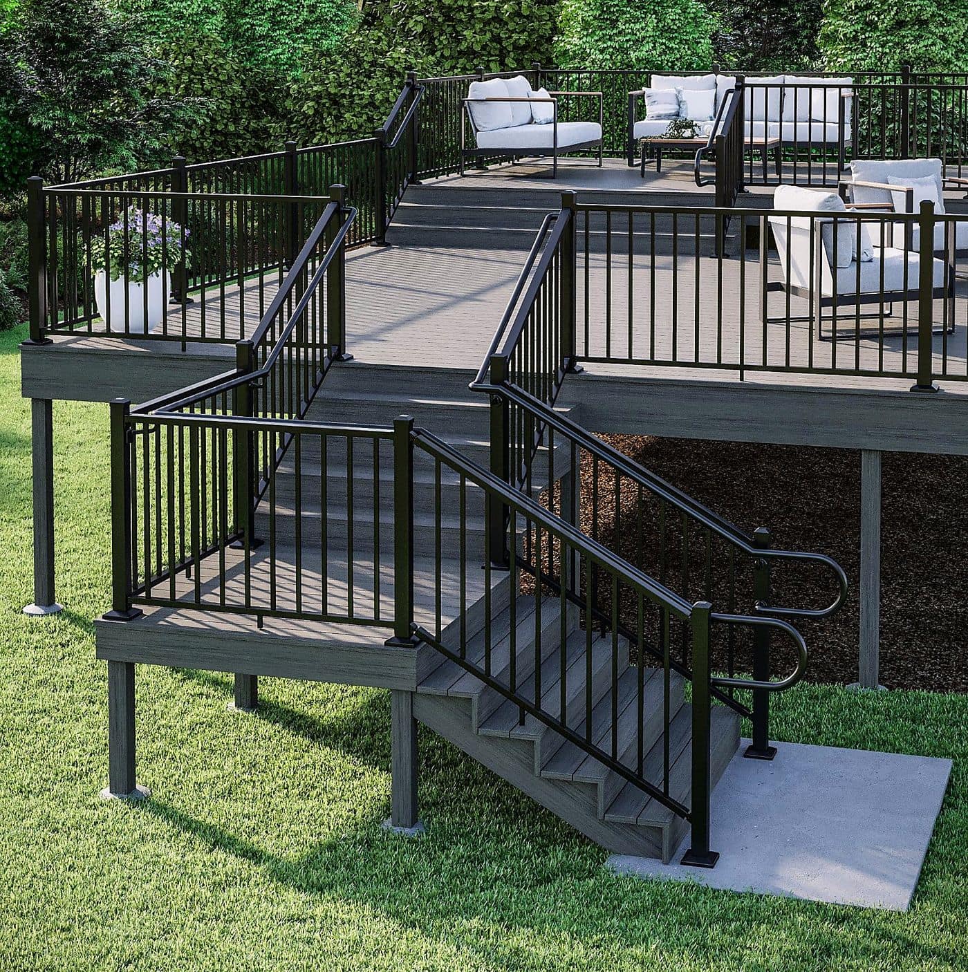 New composite deck with black metal railings and wide stairs